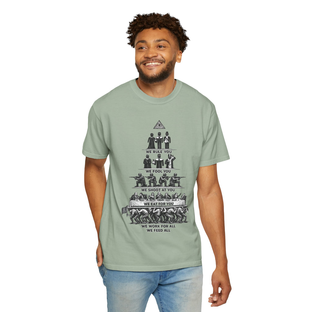 T-Shirt — Hierarchy of Power Graphic Tee ("We Rule You / We Fool You / We Shoot At You / We Eat For You / We Work For All / We Feed All")