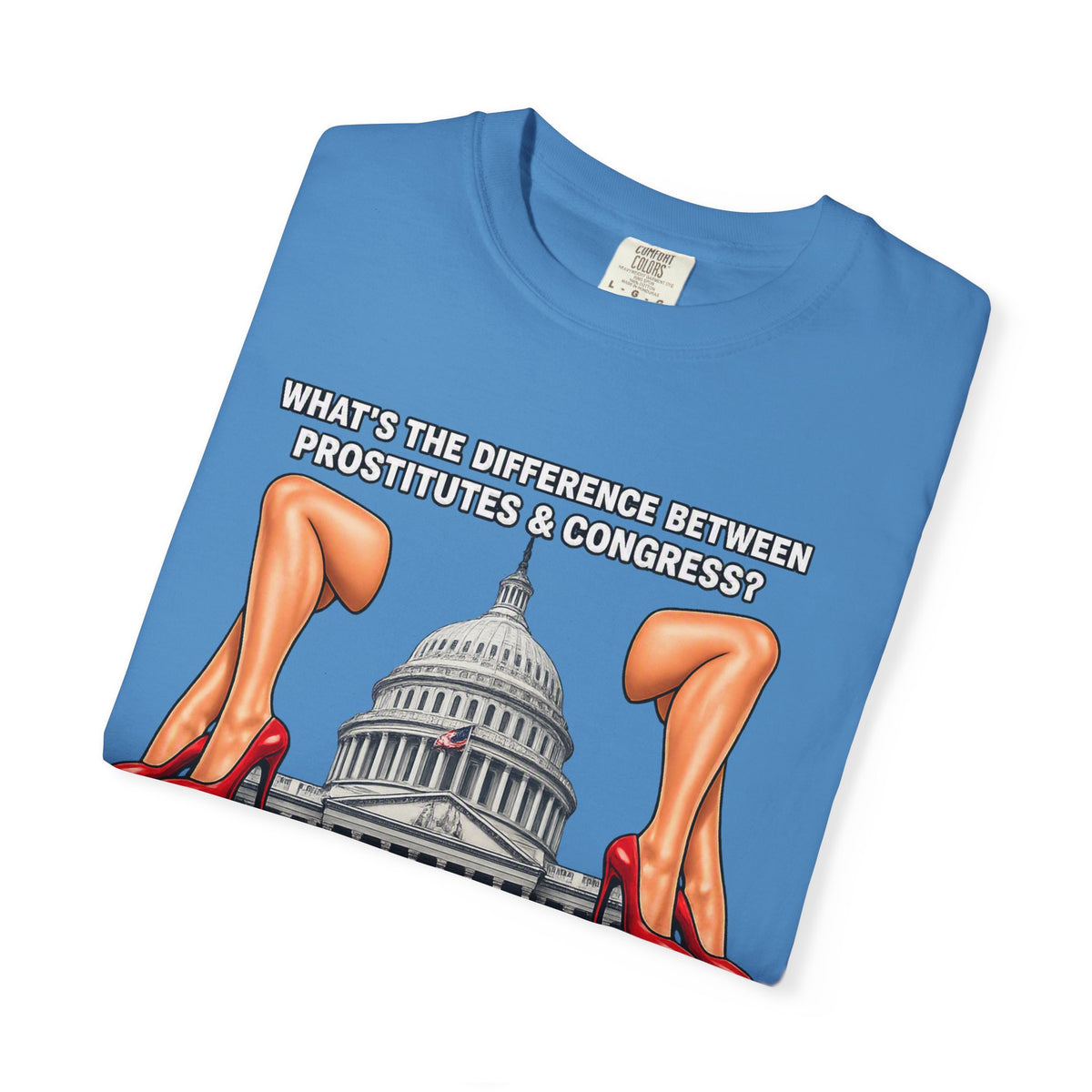 Political Satire T-Shirt — "What's the Difference Between Prostitutes & Congress? Nothing But the Cost!"