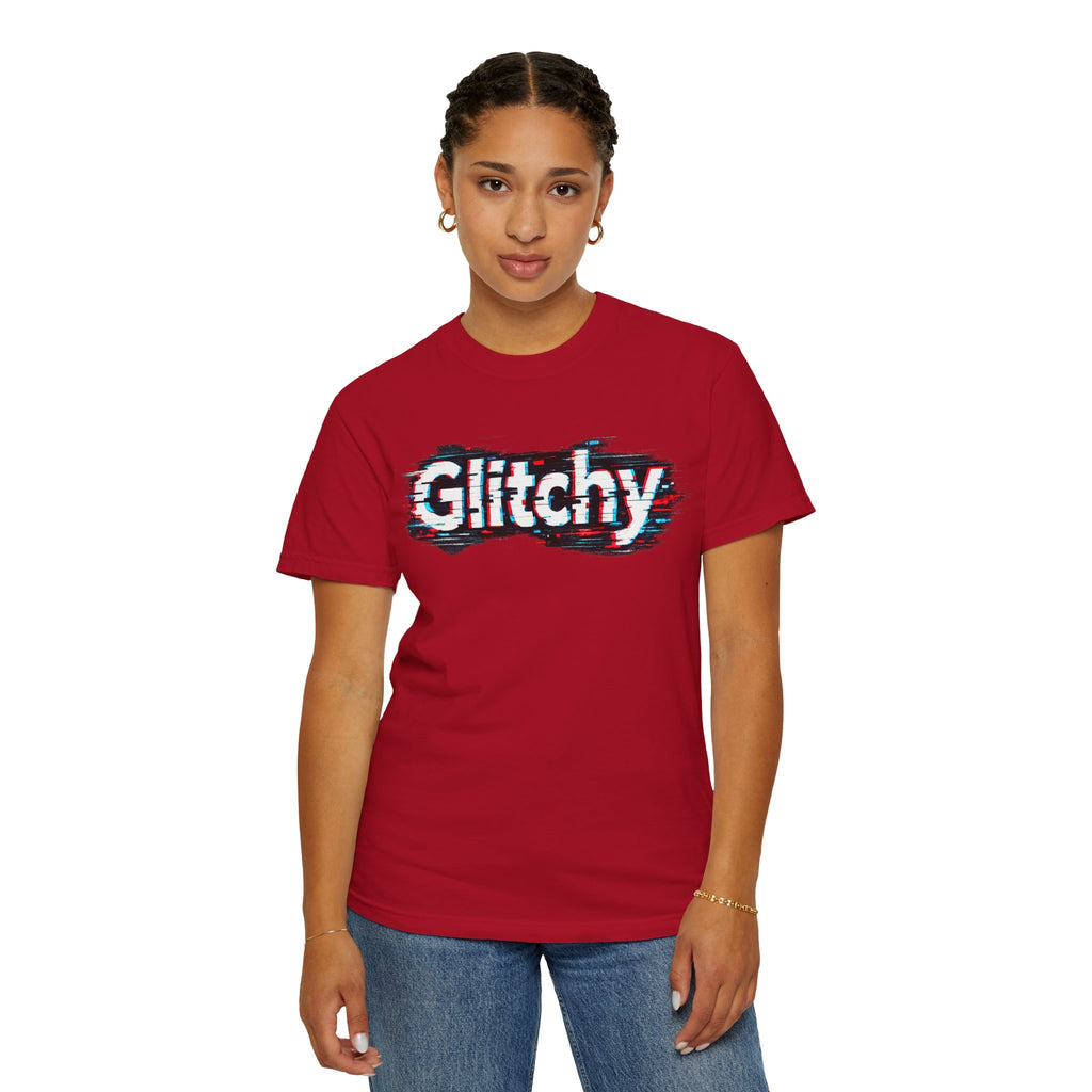 Glitchy Graphic T-Shirt — Retro Glitch Text Tee (Front "GO", Back "Glitchy")