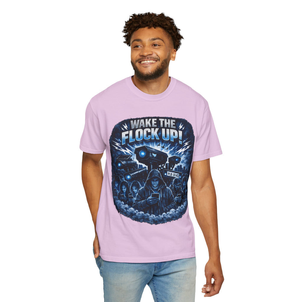 T-Shirt — "Wake the Flock Up" V2 Protest Graphic Tee (Bold Blue Dystopian Design)