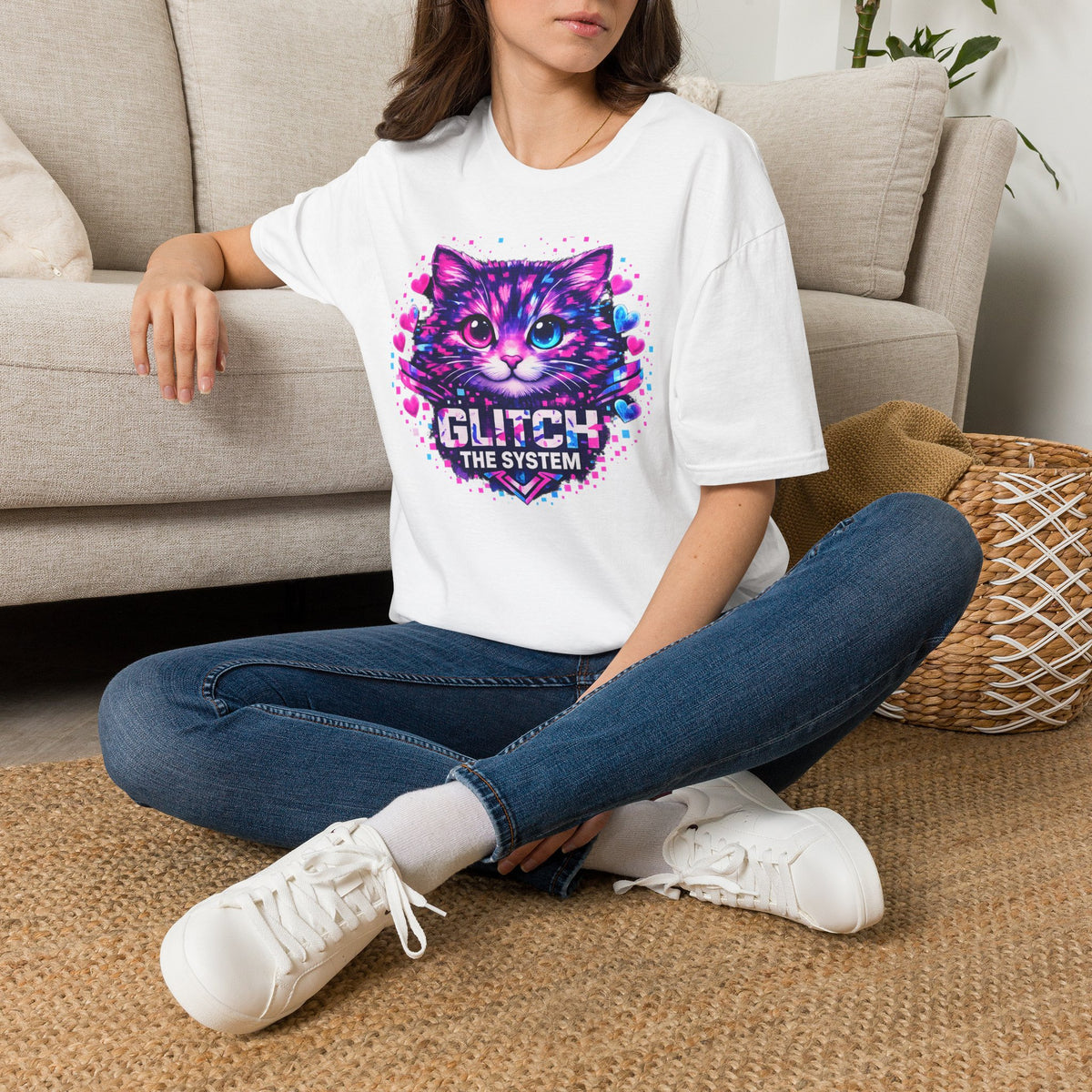 Glitch Cat T-Shirt — Retro Neon Kitty “Glitch the System” Graphic Tee