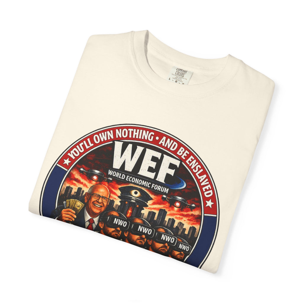 T-Shirt — WEF Dystopian Retro Logo “Rent • Subscribe • Obey”