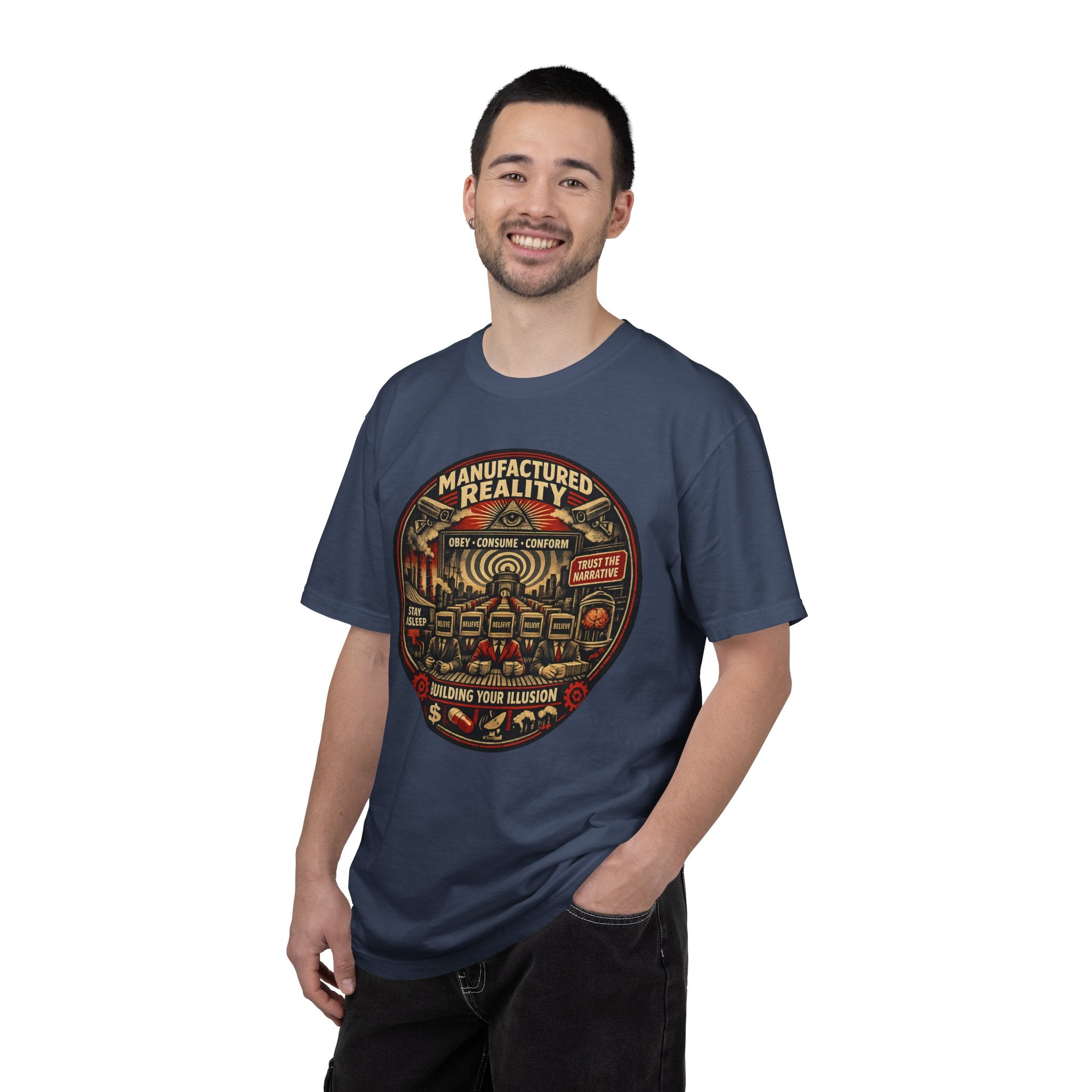 Manufactured Reality Graphic "Building Your Illusion" Vintage Protest — T-Shirt