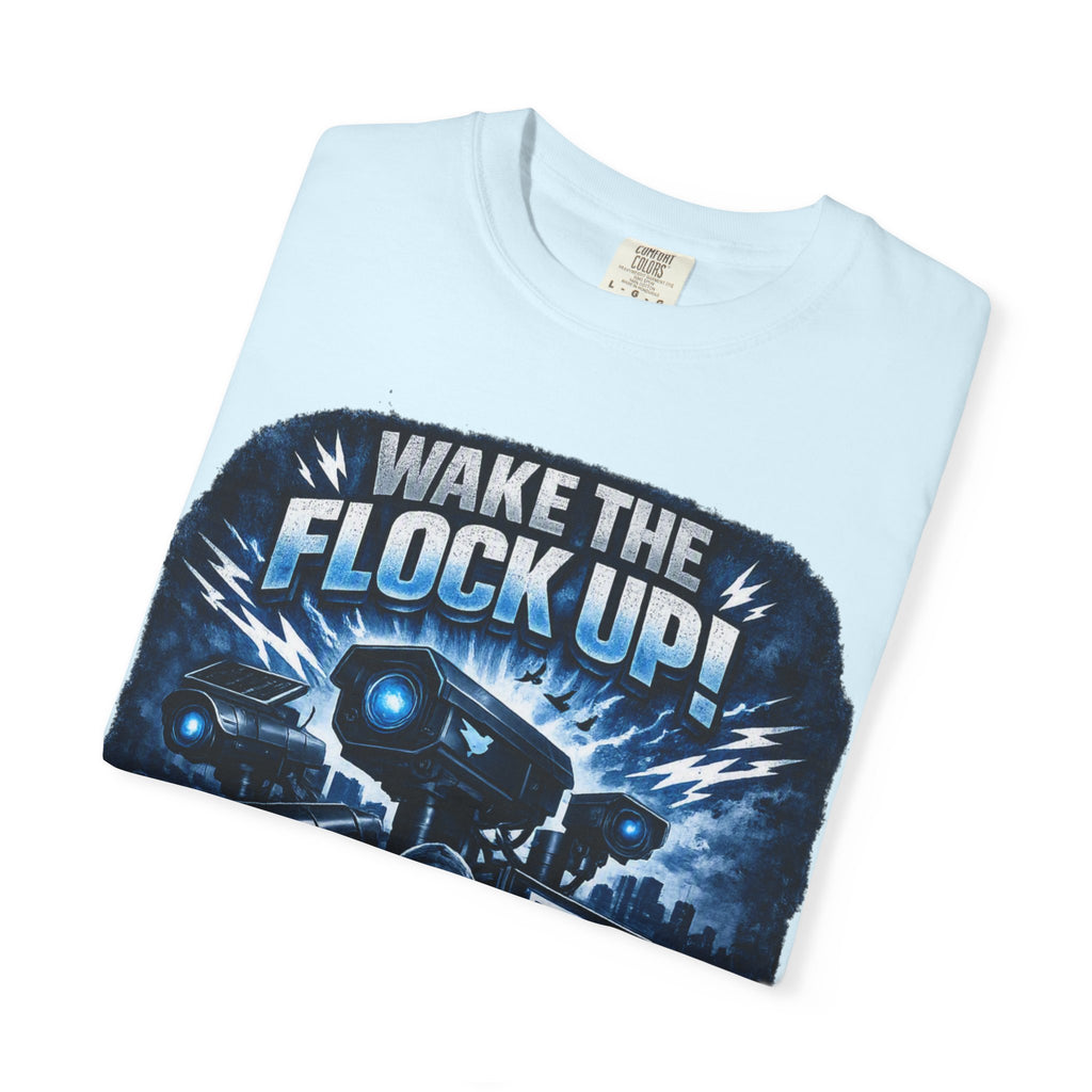 T-Shirt — "Wake the Flock Up" V2 Protest Graphic Tee (Bold Blue Dystopian Design)