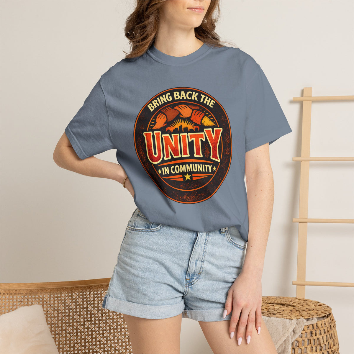 Unity Graphic T-Shirt — "Bring Back the Unity in Community" Vintage Badge Design