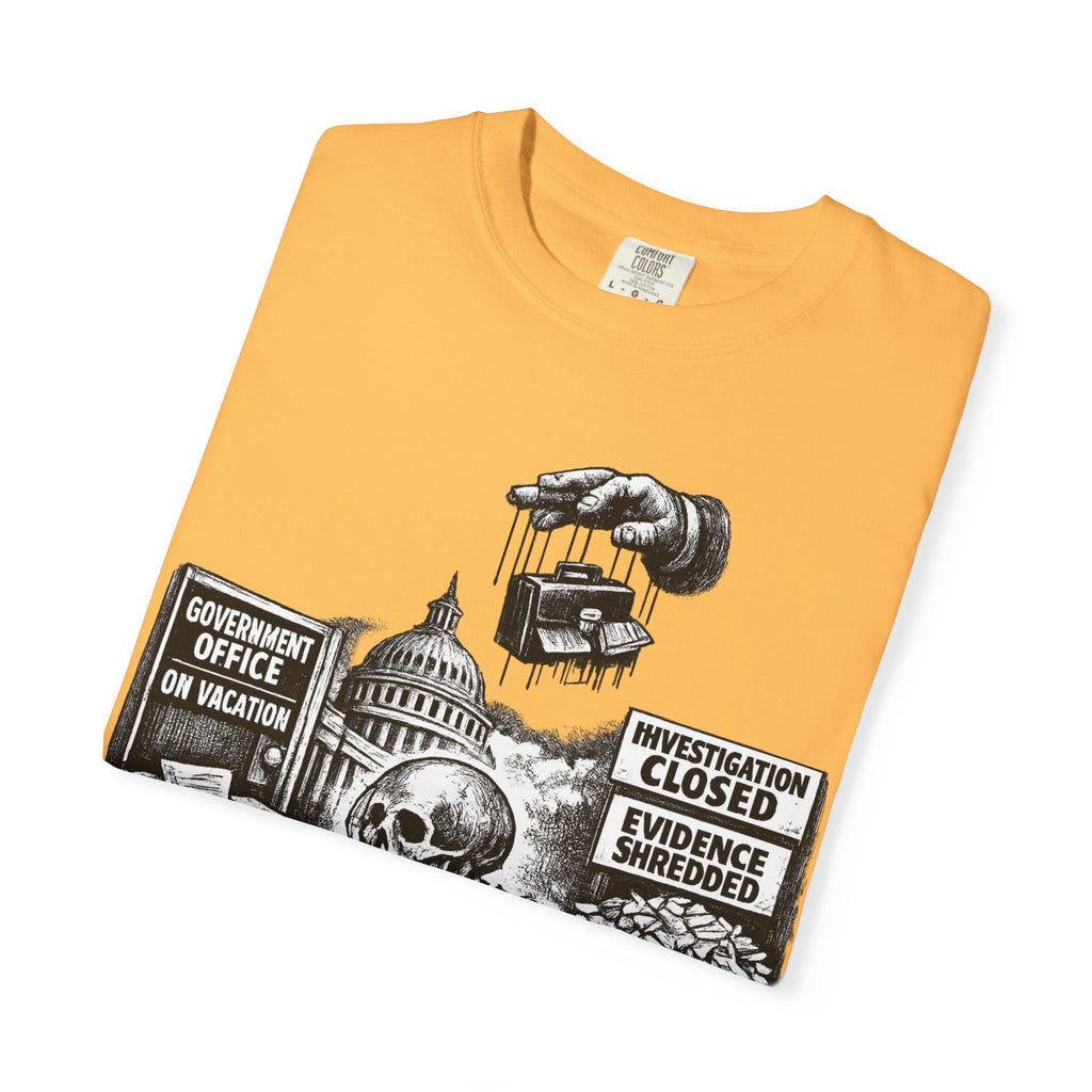 Graphic Tee — "Waiting for the Government to End Corruption" Political Skeletal Design