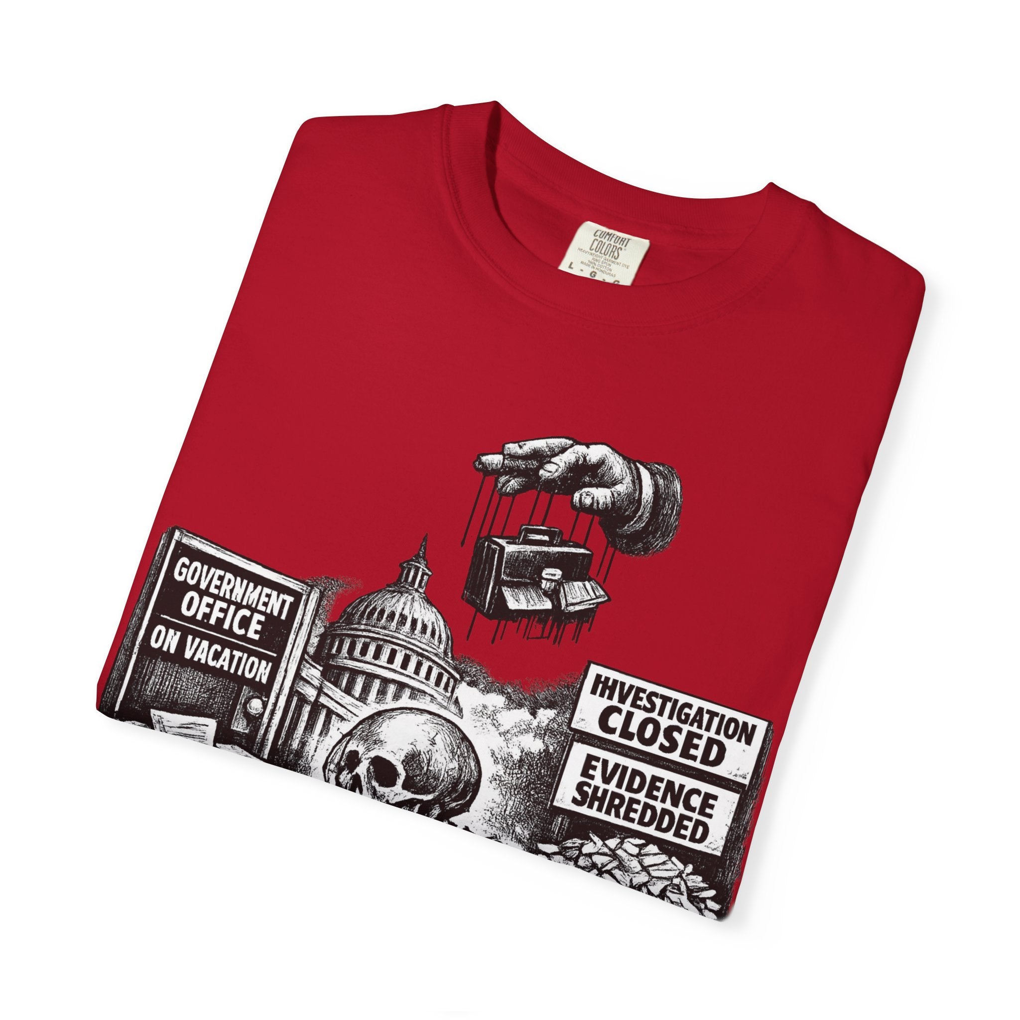 Graphic Tee — "Waiting for the Government to End Corruption" Political Skeletal Design