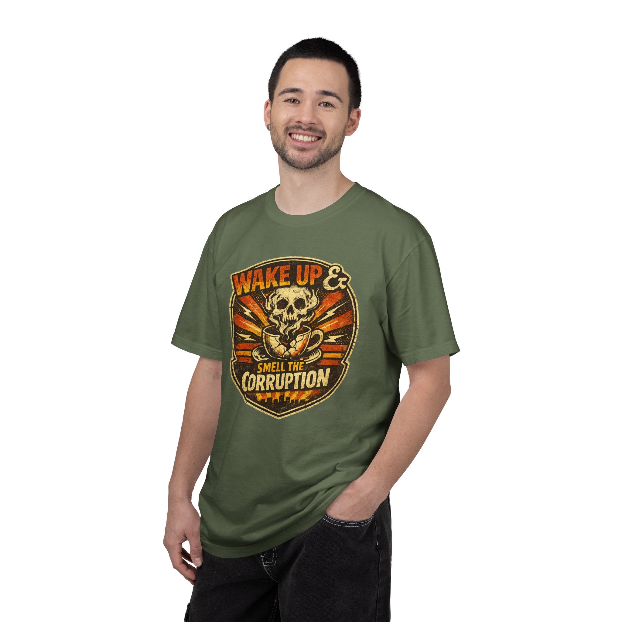 Wake Up & Smell the Corruption T-Shirt — Vintage Skull Protest Graphic Tee