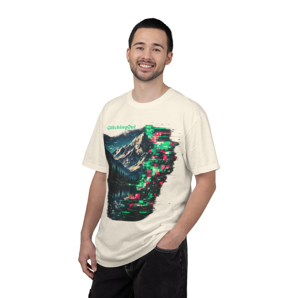 GlitchingOut Mountain Landscape T-Shirt — Retro Glitch Nature Graphic Tee
