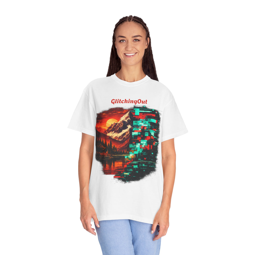 Graphic T-Shirt — "Glitching Out" Mountain Sunset Pixel Art