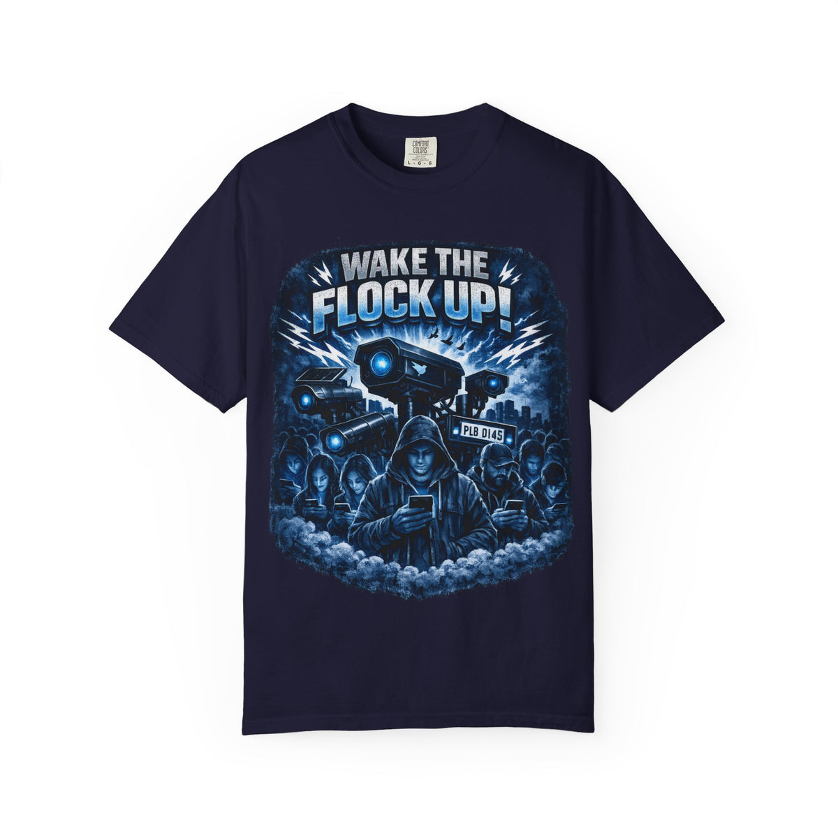 T-Shirt — "Wake the Flock Up" V2 Protest Graphic Tee (Bold Blue Dystopian Design)