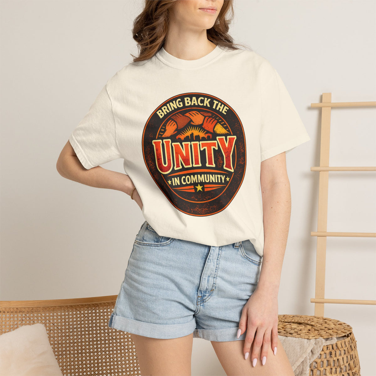 Unity Graphic T-Shirt — "Bring Back the Unity in Community" Vintage Badge Design