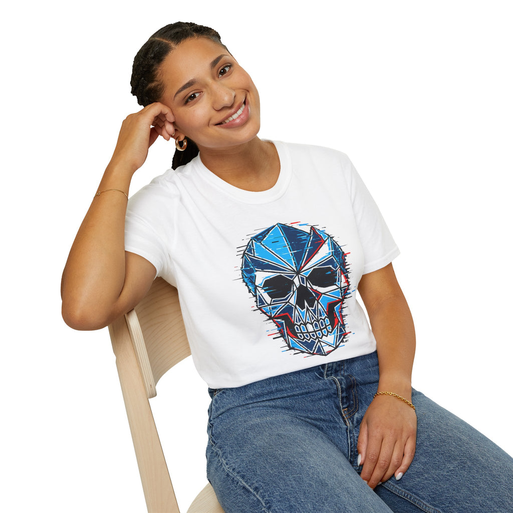 Geometric Blue Glitch Skull T‑Shirt — Edgy Men's & Women's Graphic Tee