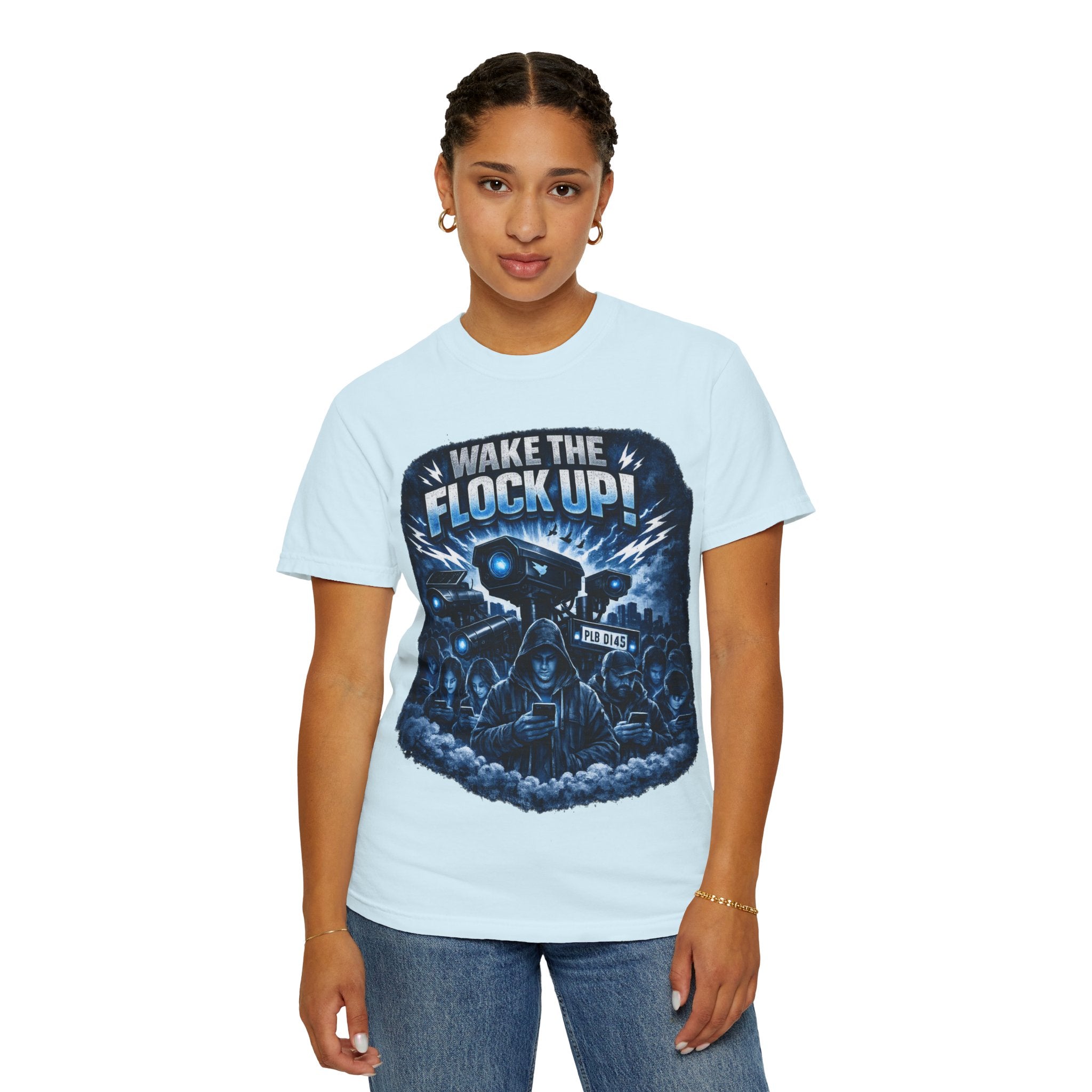 T-Shirt — "Wake the Flock Up" V2 Protest Graphic Tee (Bold Blue Dystopian Design)