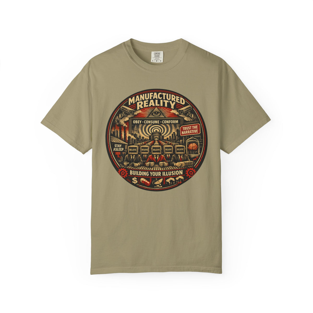 Manufactured Reality Graphic "Building Your Illusion" Vintage Protest — T-Shirt
