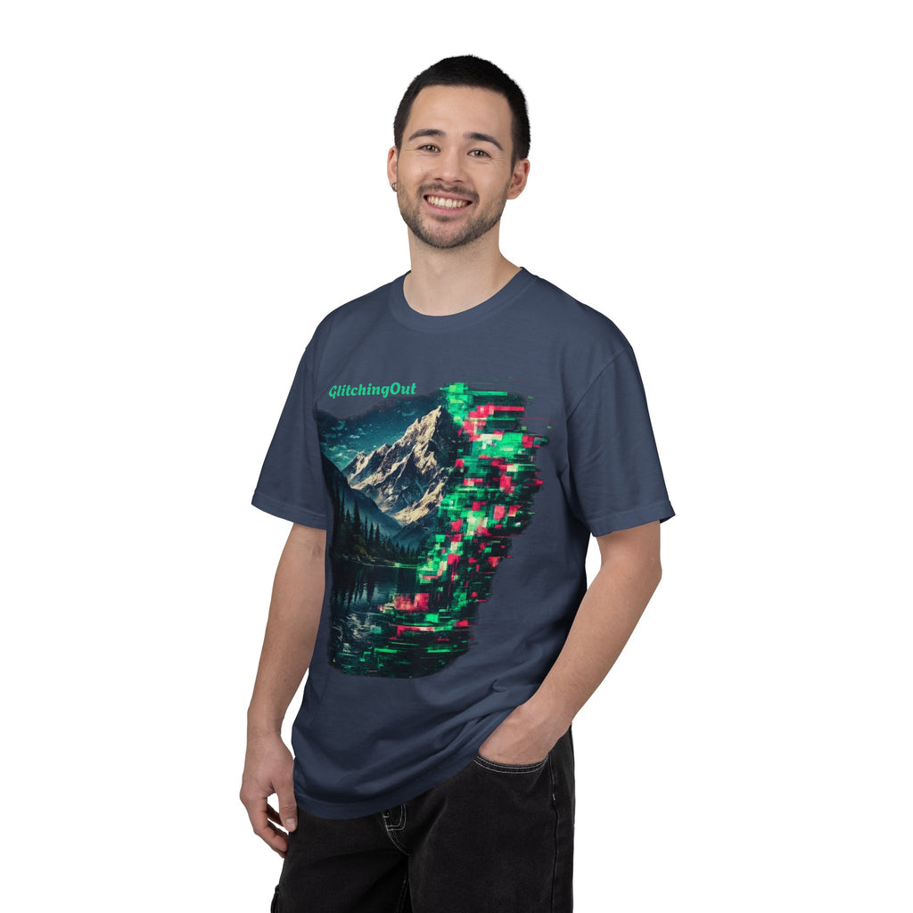 GlitchingOut Mountain Landscape T-Shirt — Retro Glitch Nature Graphic Tee