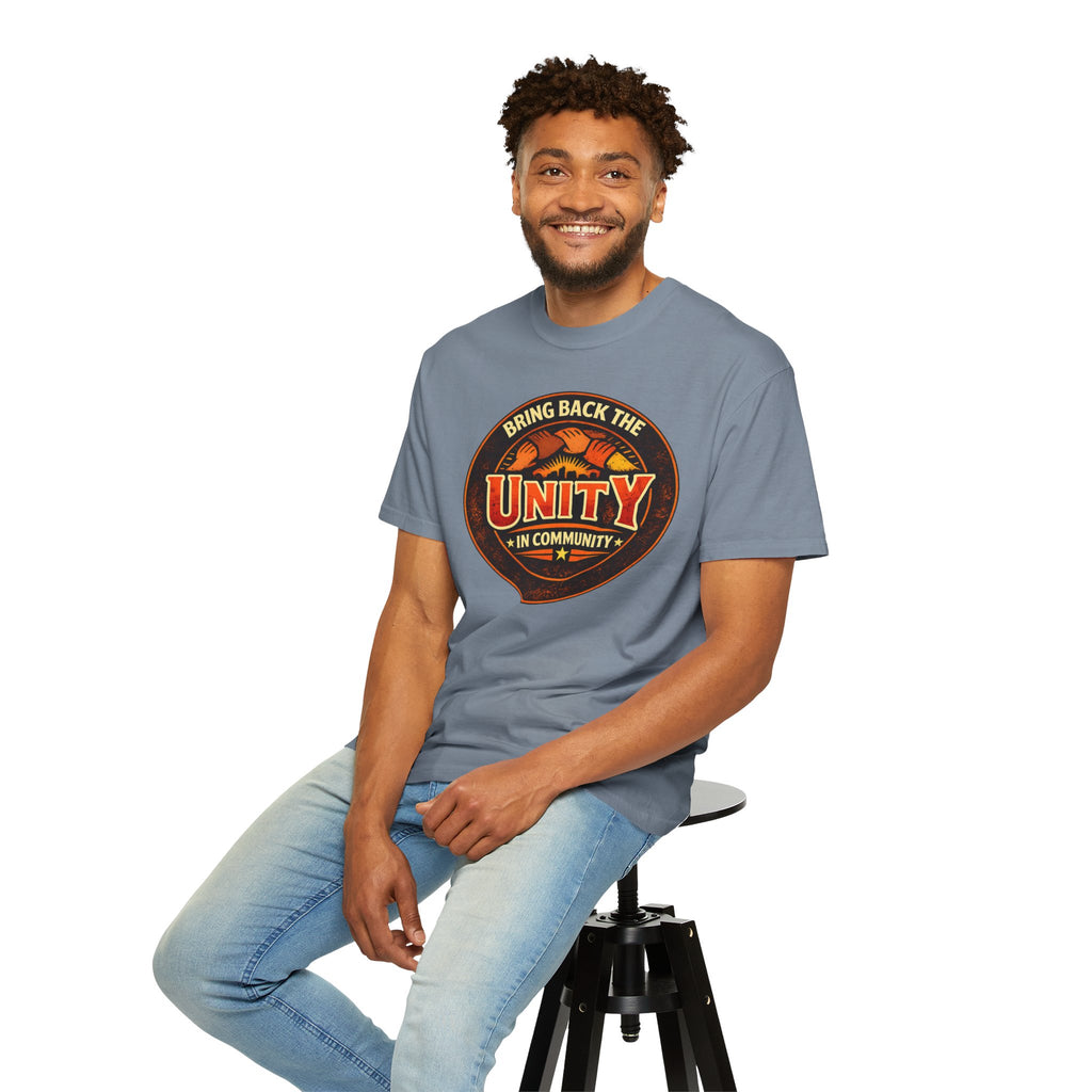 Unity Graphic T-Shirt — "Bring Back the Unity in Community" Vintage Badge Design