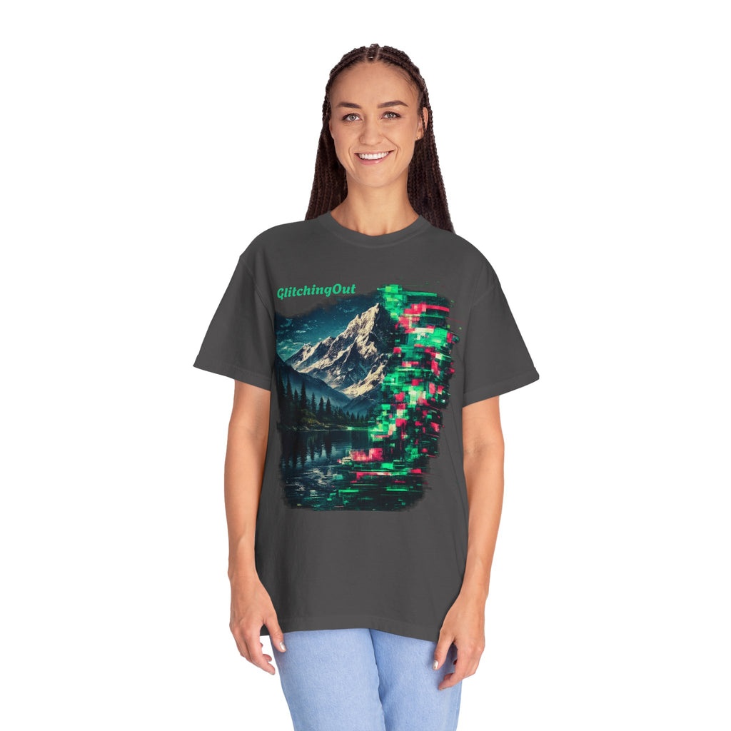 GlitchingOut Mountain Landscape T-Shirt — Retro Glitch Nature Graphic Tee