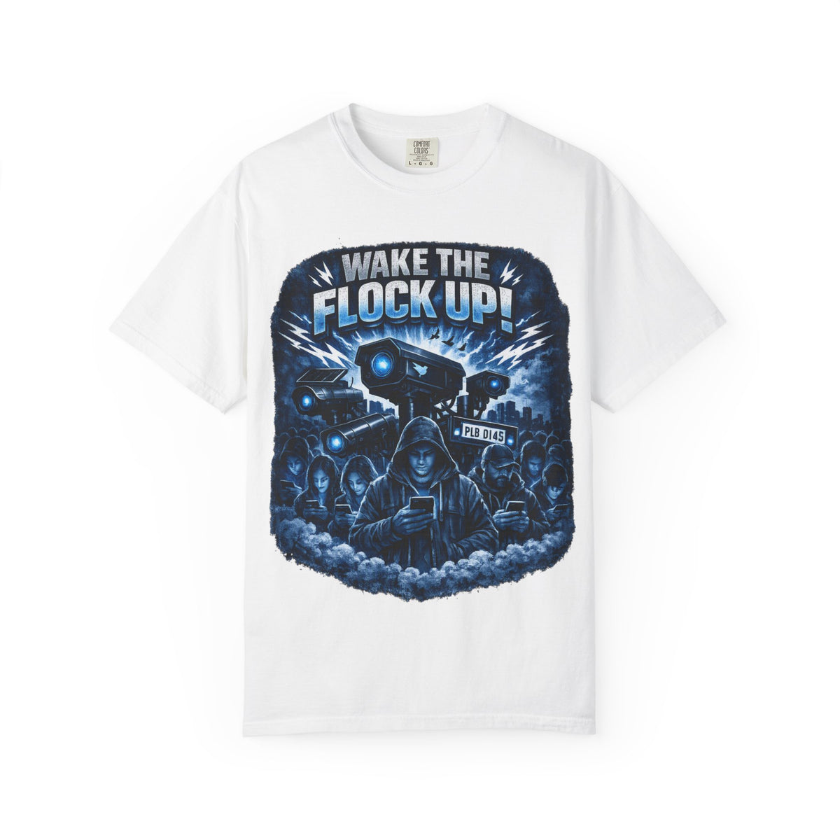 T-Shirt — "Wake the Flock Up" V2 Protest Graphic Tee (Bold Blue Dystopian Design)