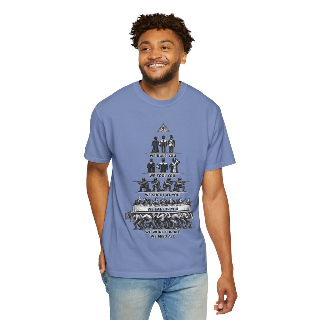 T-Shirt — Hierarchy of Power Graphic Tee ("We Rule You / We Fool You / We Shoot At You / We Eat For You / We Work For All / We Feed All")