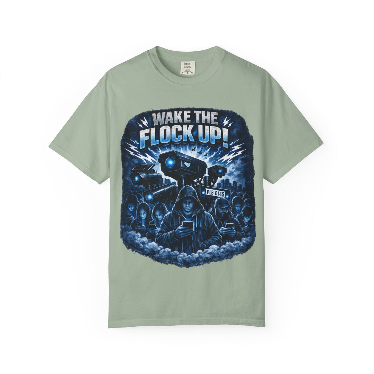 T-Shirt — "Wake the Flock Up" V2 Protest Graphic Tee (Bold Blue Dystopian Design)