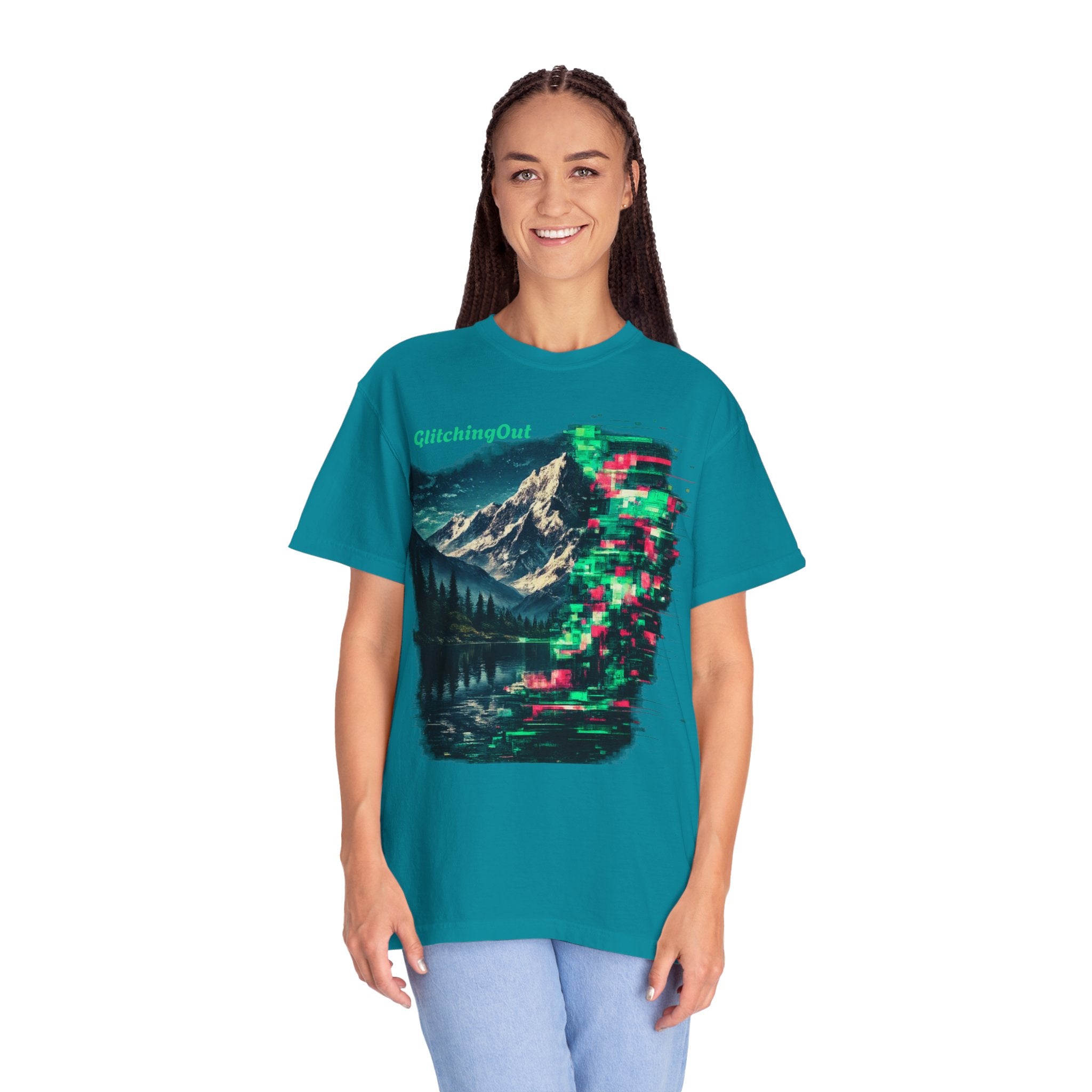 GlitchingOut Mountain Landscape T-Shirt — Retro Glitch Nature Graphic Tee