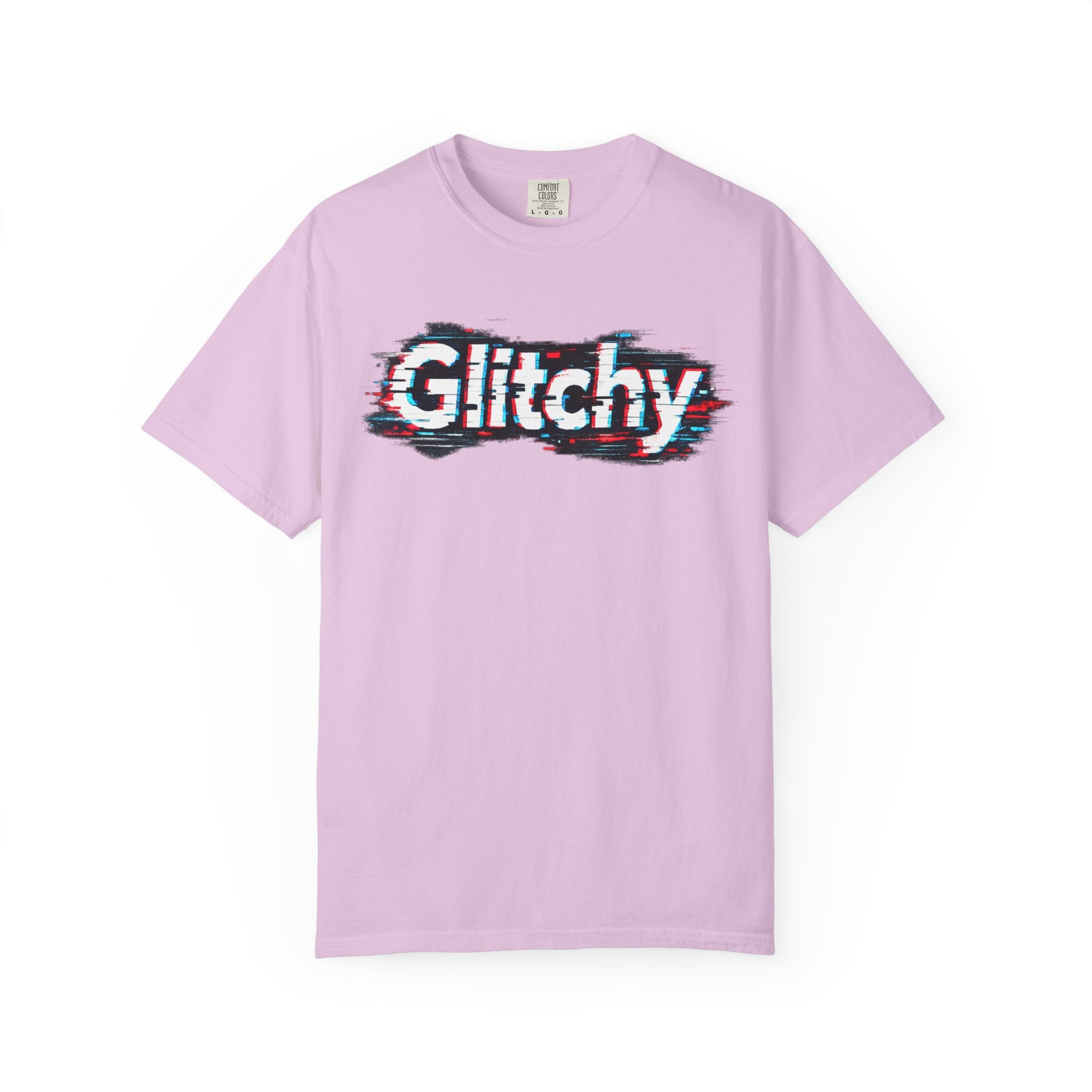 Glitchy Graphic T-Shirt — Retro Glitch Text Tee (Front "GO", Back "Glitchy")