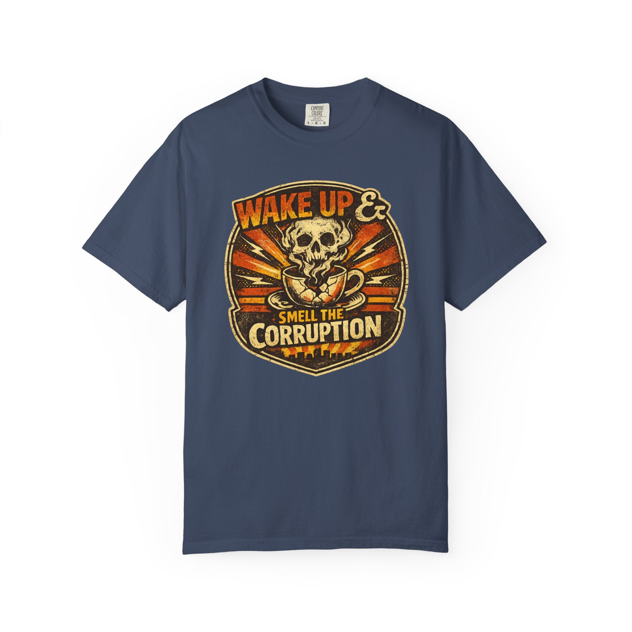 Wake Up & Smell the Corruption T-Shirt — Vintage Skull Protest Graphic Tee