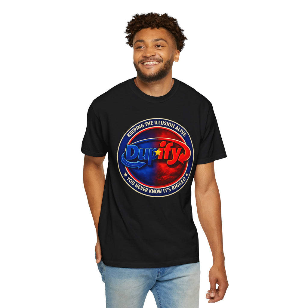 Dupify Graphic T-Shirt — "Keeping the Illusion Alive" Retro Logo Satire Tee