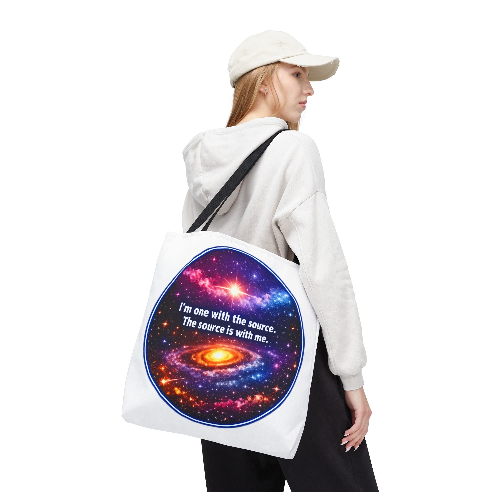Spiritual Galaxy Tote Bag - "I'm one with the source. The source is with me." Cosmic Meditation Tote