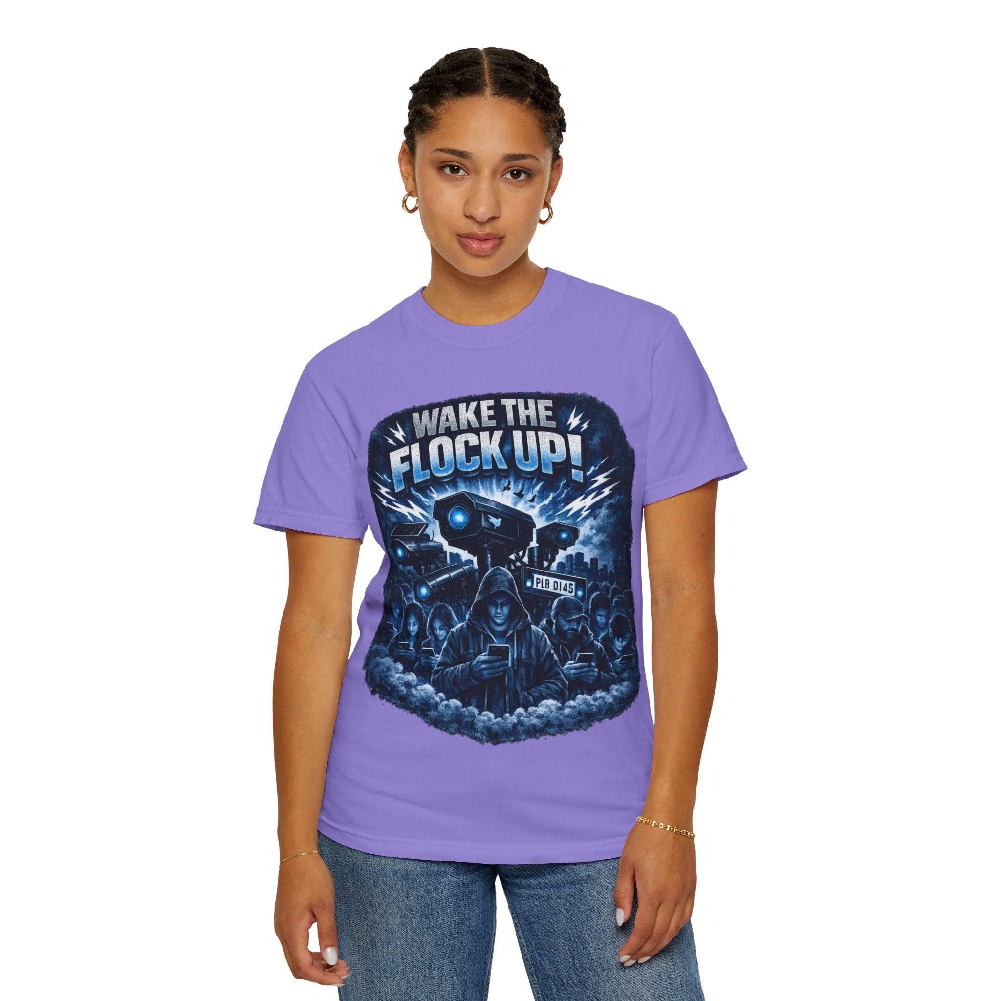 T-Shirt — "Wake the Flock Up" V2 Protest Graphic Tee (Bold Blue Dystopian Design)