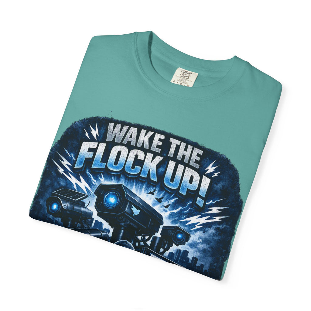 T-Shirt — "Wake the Flock Up" V2 Protest Graphic Tee (Bold Blue Dystopian Design)