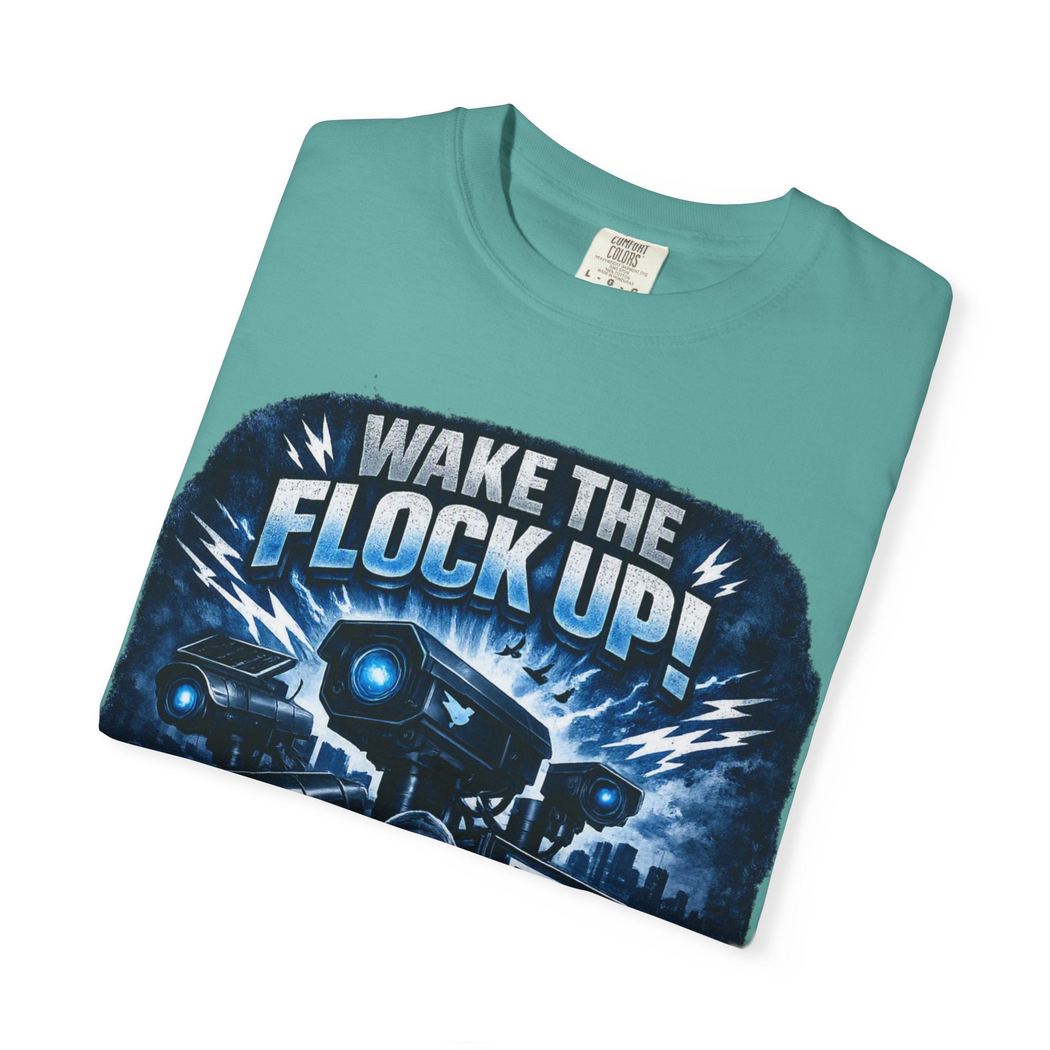T-Shirt — "Wake the Flock Up" V2 Protest Graphic Tee (Bold Blue Dystopian Design)