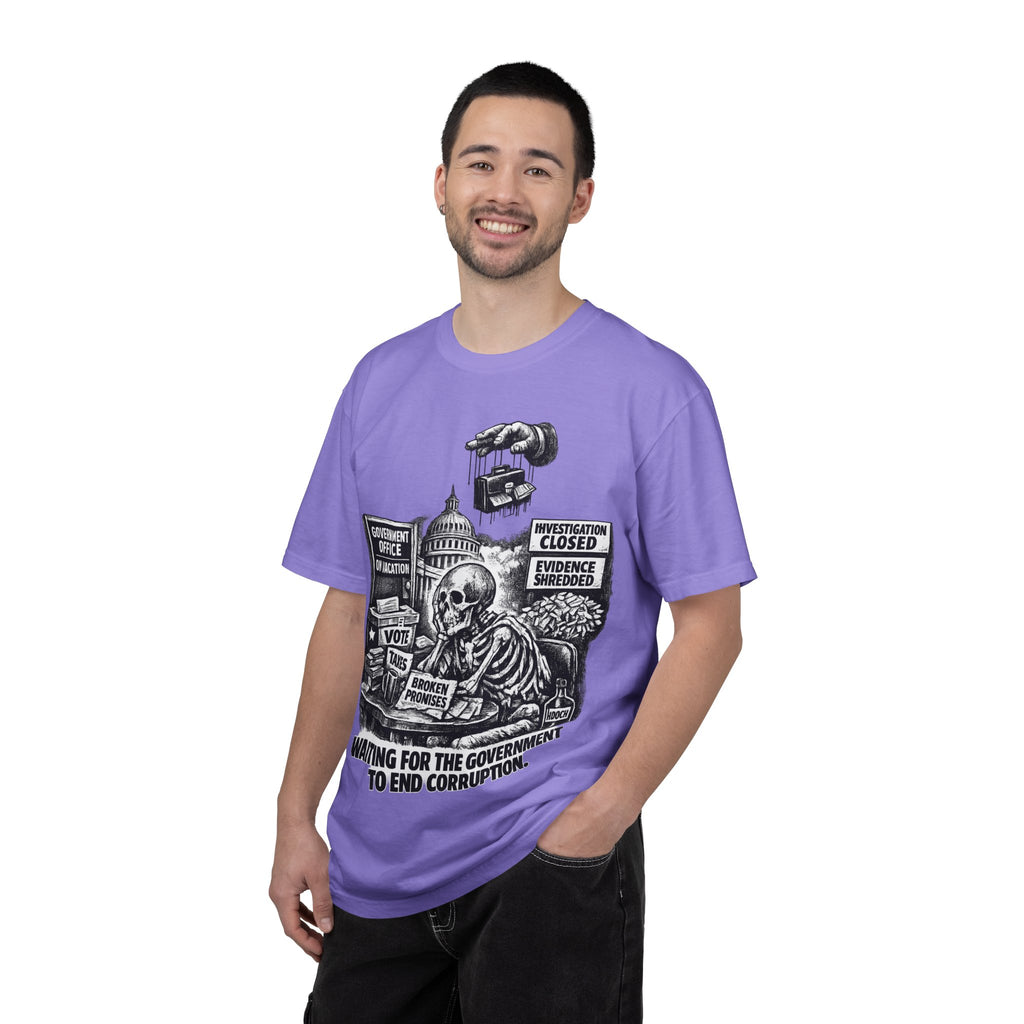 Graphic Tee — "Waiting for the Government to End Corruption" Political Skeletal Design