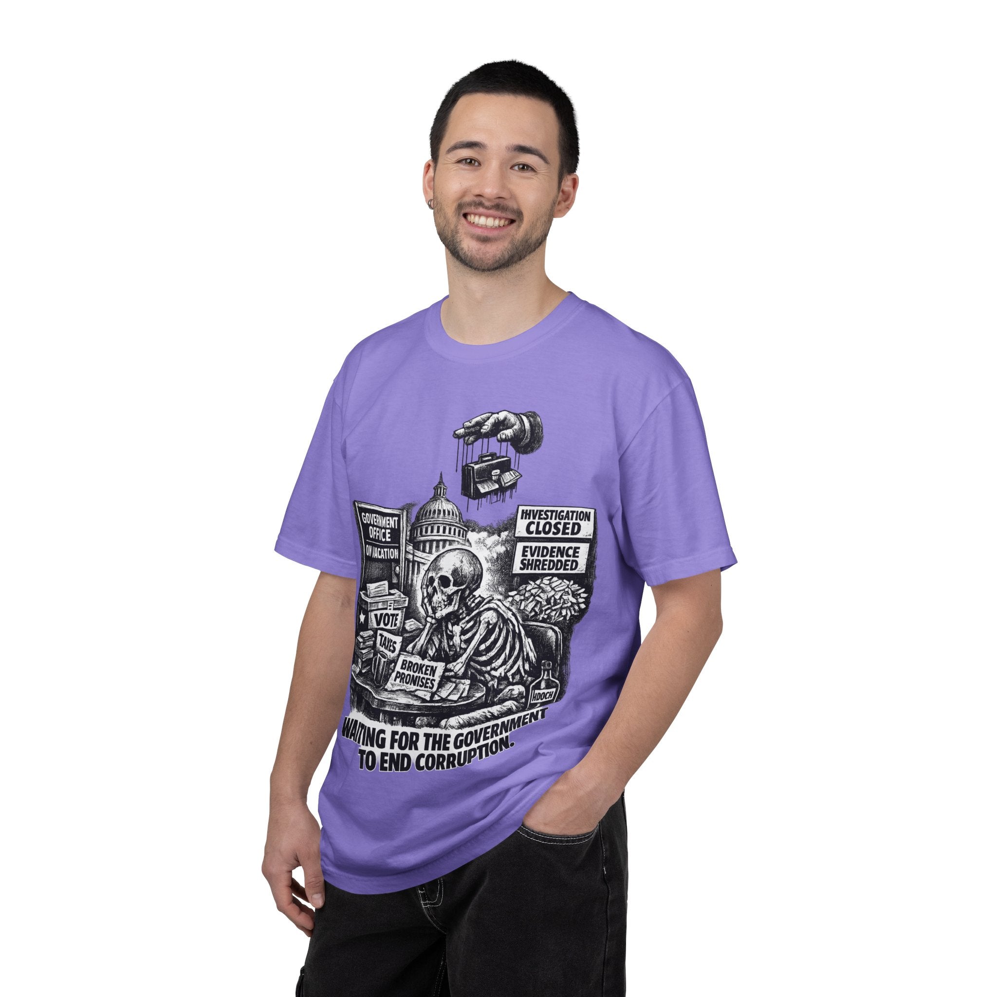 Graphic Tee — "Waiting for the Government to End Corruption" Political Skeletal Design