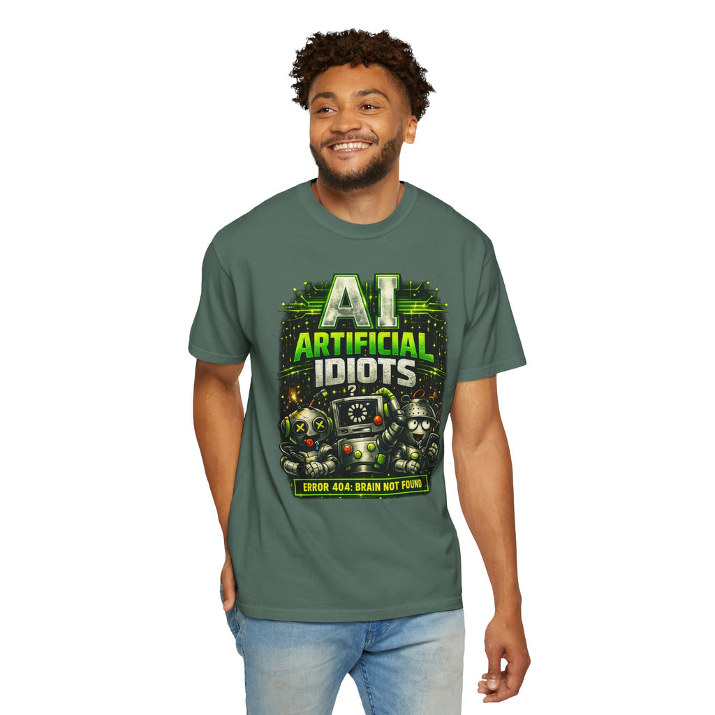 'AI Artificial Idiots: Error 404 — Brain Not Found' Satire Graphic T-Shirt