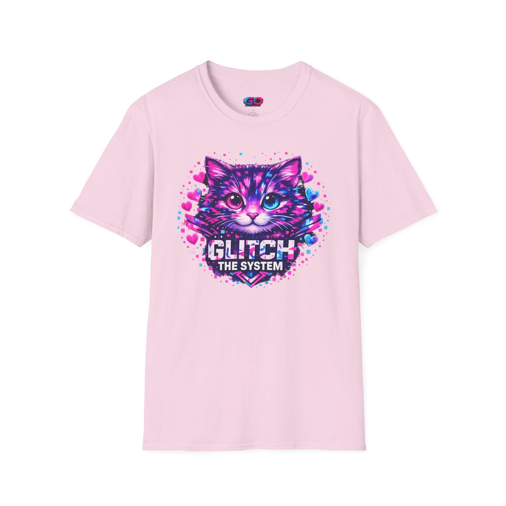 Glitch Cat T-Shirt — Retro Neon Kitty “Glitch the System” Graphic Tee