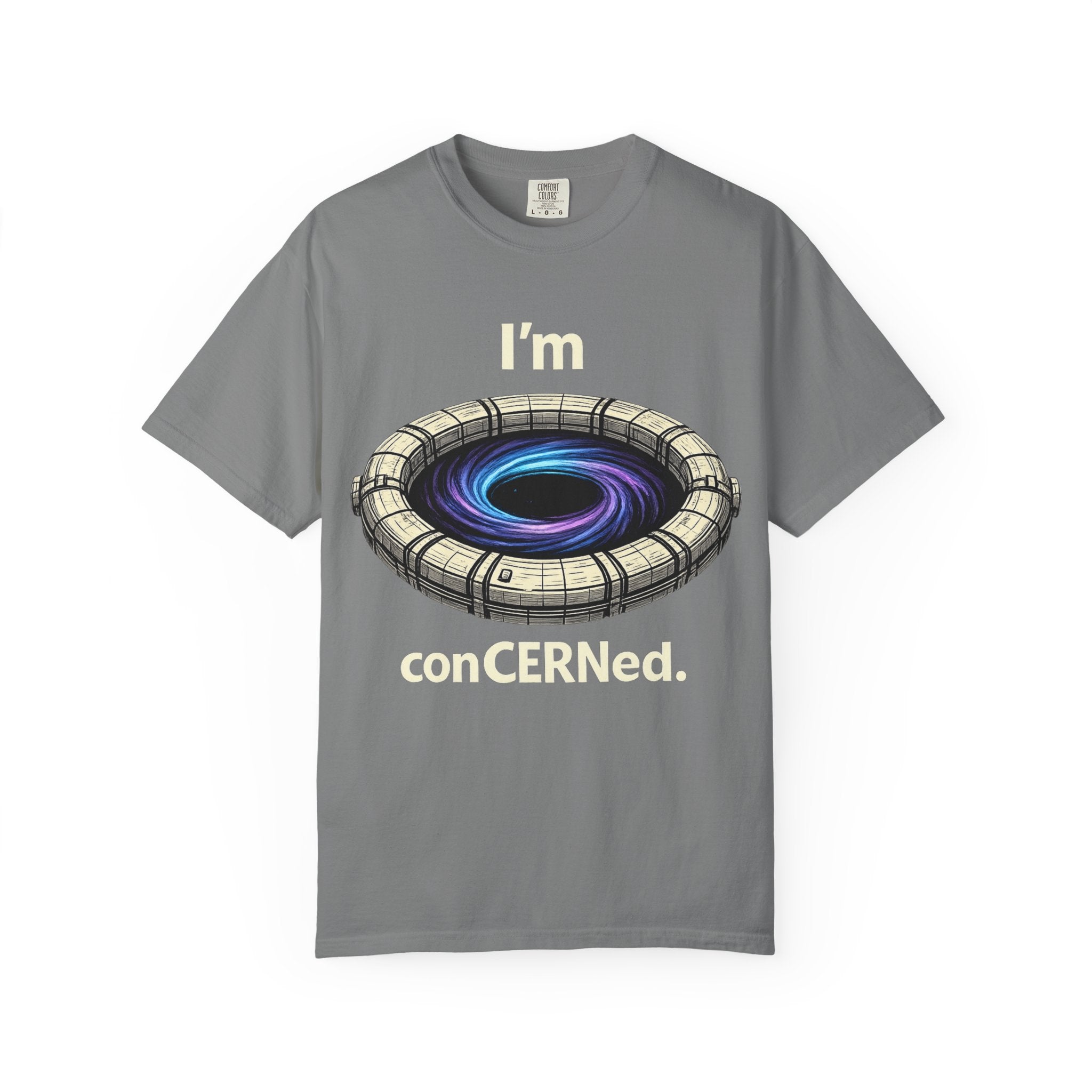 T-Shirt — "I'm conCERNed." Black Hole CERN Physics Science Tee