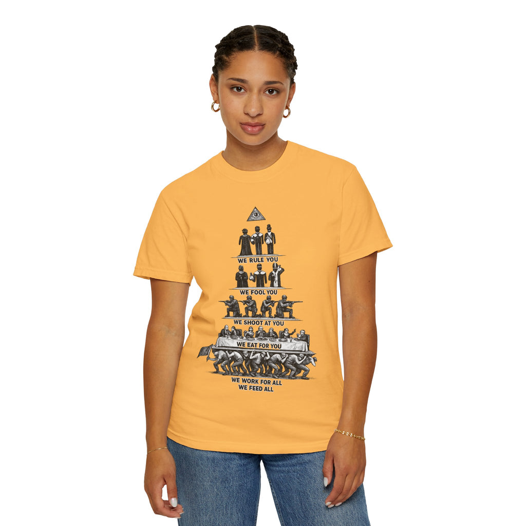 T-Shirt — Hierarchy of Power Graphic Tee ("We Rule You / We Fool You / We Shoot At You / We Eat For You / We Work For All / We Feed All")