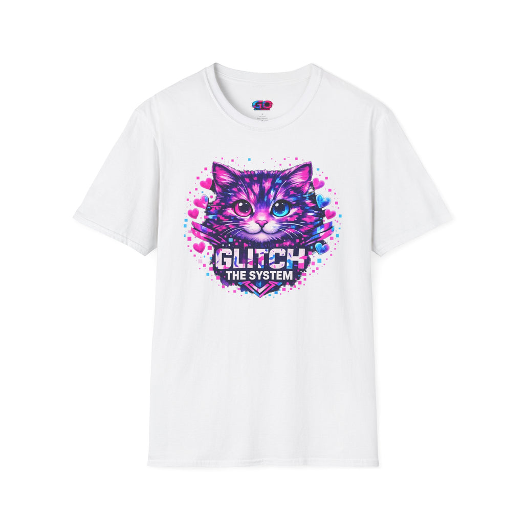 Glitch Cat T-Shirt — Retro Neon Kitty “Glitch the System” Graphic Tee