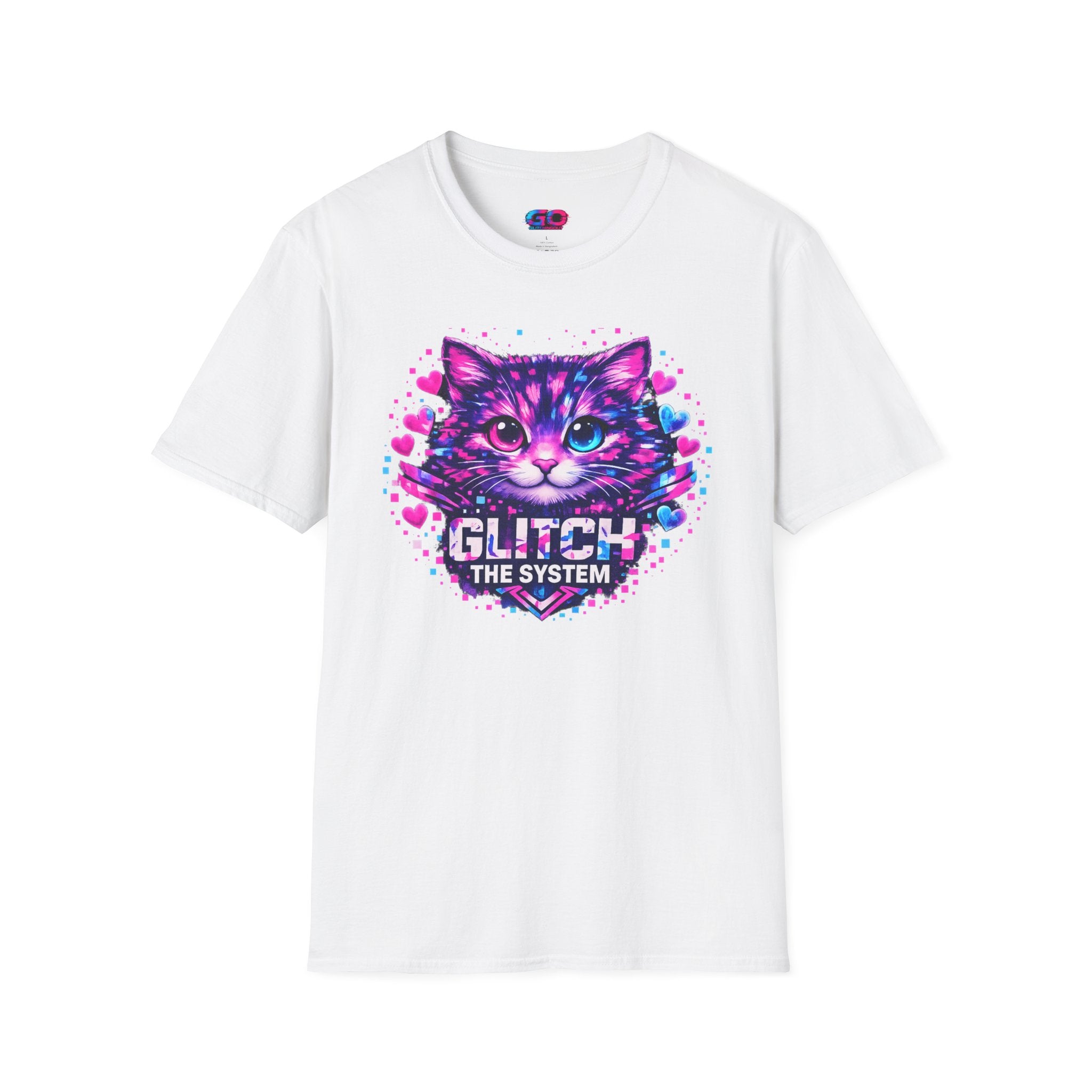 Glitch Cat T-Shirt — Retro Neon Kitty “Glitch the System” Graphic Tee