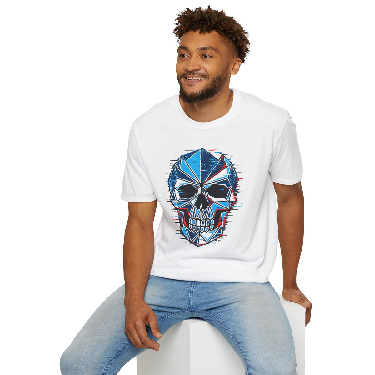 Geometric Blue Glitch Skull T‑Shirt — Edgy Men's & Women's Graphic Tee