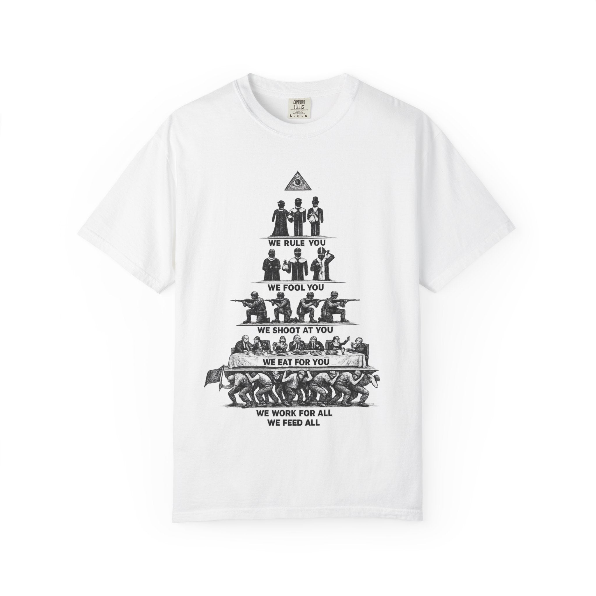 T-Shirt — Hierarchy of Power Graphic Tee ("We Rule You / We Fool You / We Shoot At You / We Eat For You / We Work For All / We Feed All")
