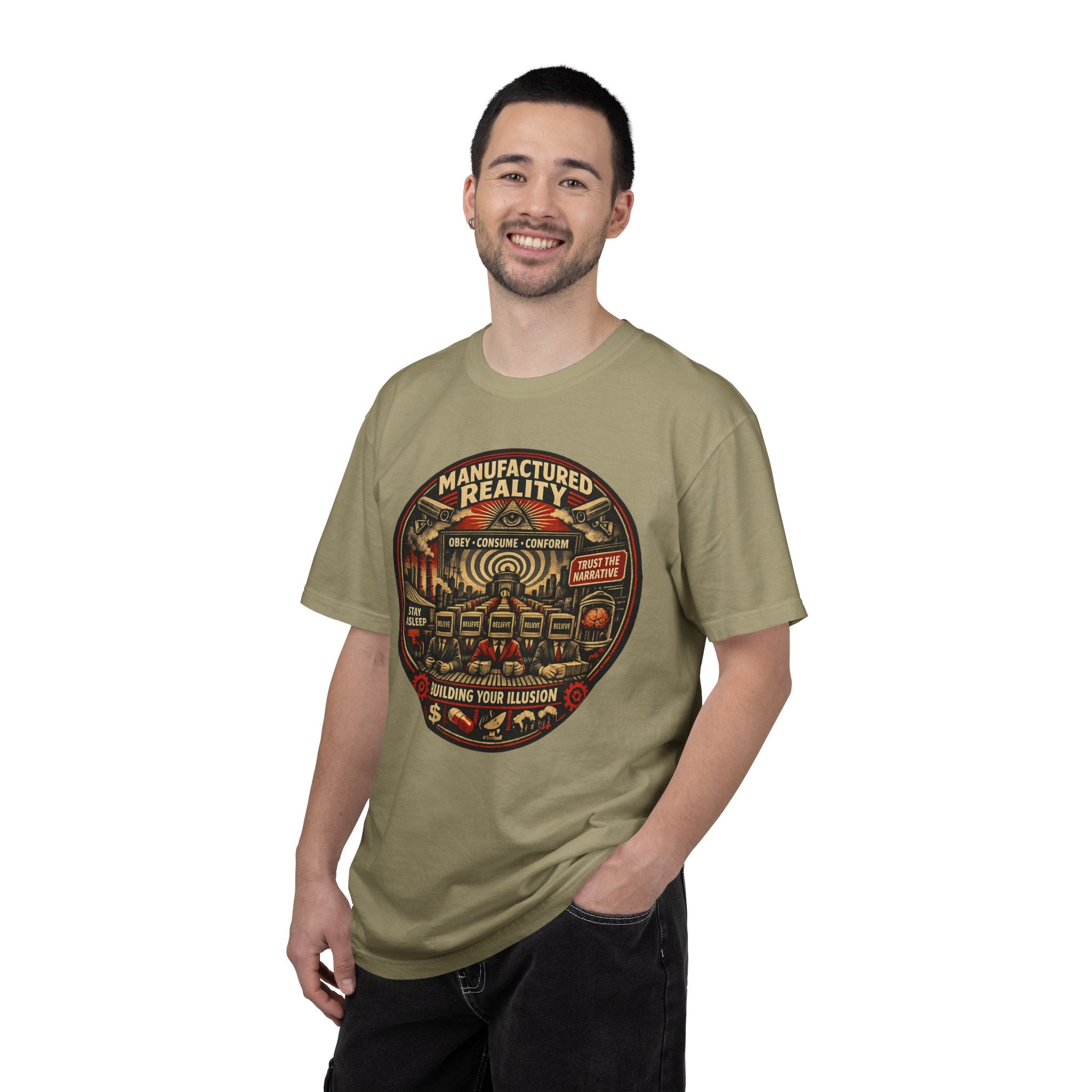 Manufactured Reality Graphic "Building Your Illusion" Vintage Protest — T-Shirt