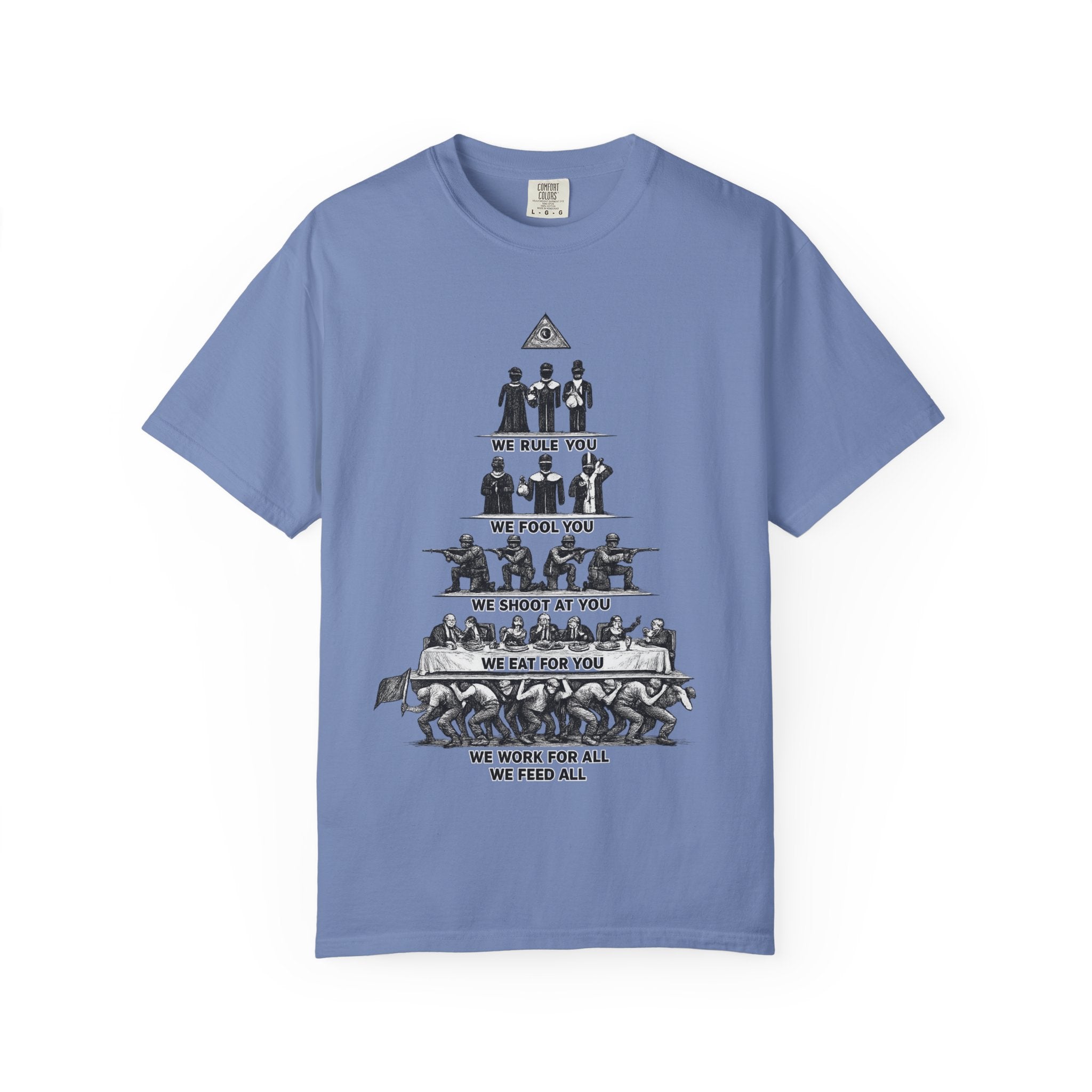T-Shirt — Hierarchy of Power Graphic Tee ("We Rule You / We Fool You / We Shoot At You / We Eat For You / We Work For All / We Feed All")