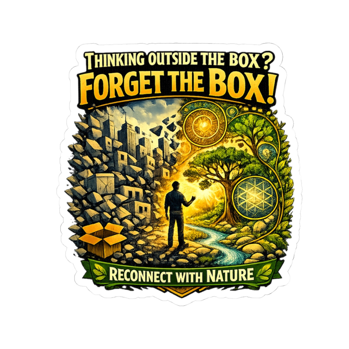 Kiss-Cut Sticker — "Thinking Outside the Box? Forget the Box!" Reconnect with Nature Design