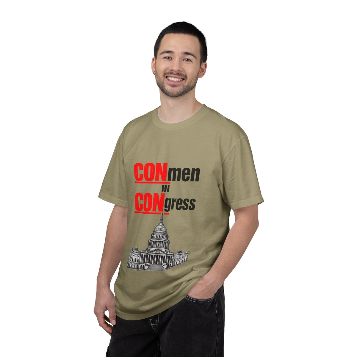 T-Shirt — "CONmen in CONgress" Political Satire Tee with Capitol Graphic