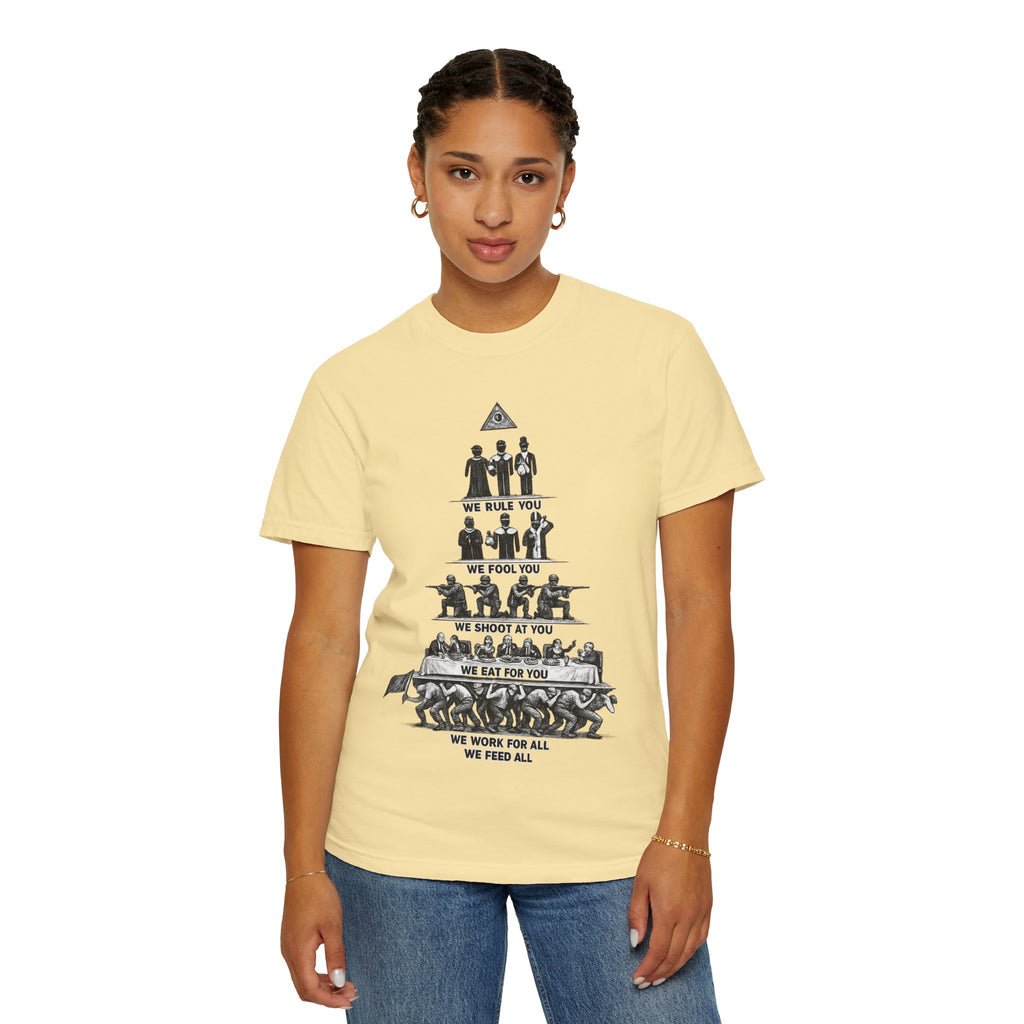 T-Shirt — Hierarchy of Power Graphic Tee ("We Rule You / We Fool You / We Shoot At You / We Eat For You / We Work For All / We Feed All")