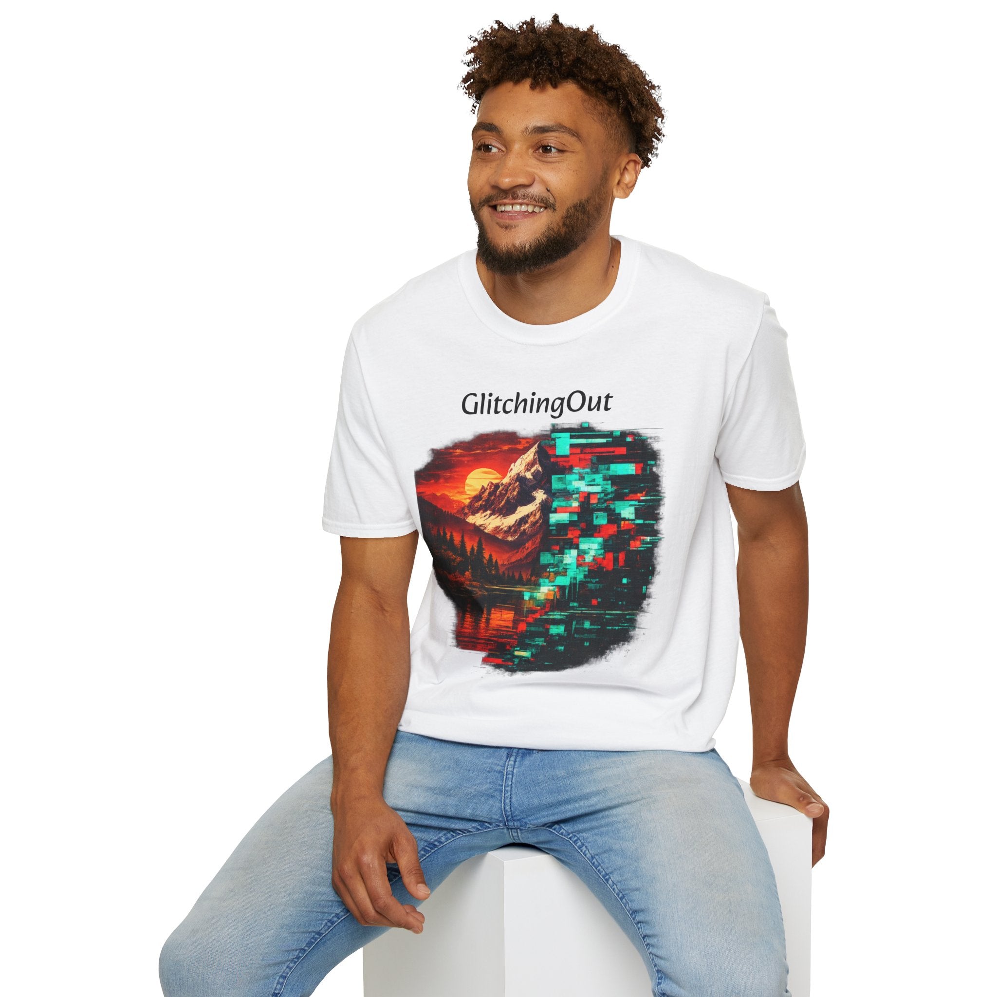 Graphic T-Shirt — "Glitching Out" Mountain Sunset Pixel Art