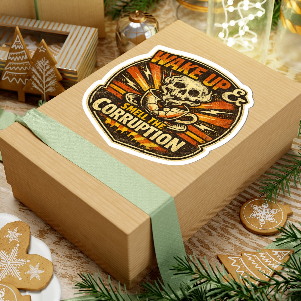 Wake Up & Smell the Corruption Kiss-Cut Sticker — Skull Coffee Retro Vinyl Decal